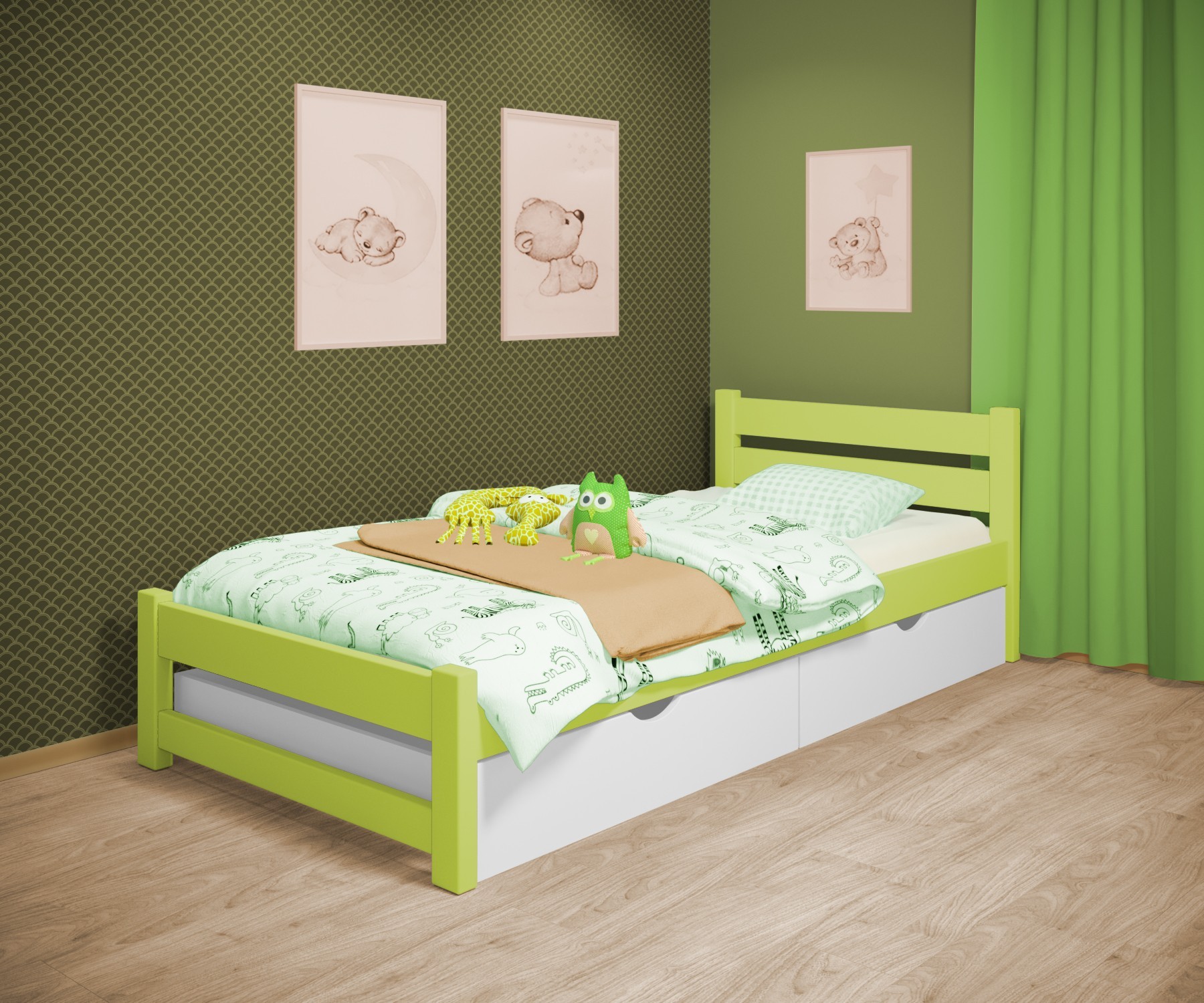 

Кровать односпальная RainbowDream Мартино 80х160 см зеленый массив ольхи, с ящиками