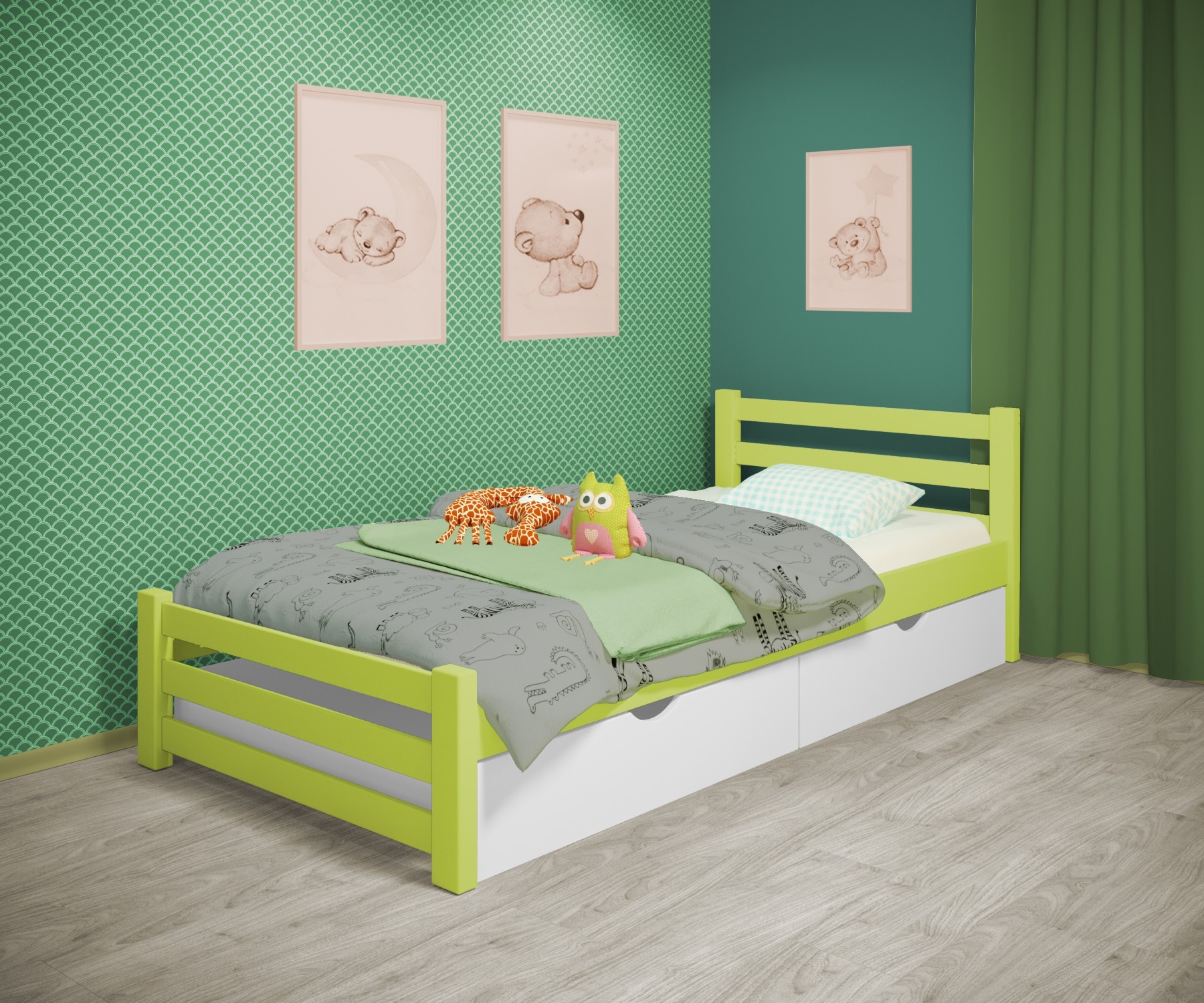

Кровать односпальная RainbowDream Ламия 80х200 см зеленый массив ольхи, с ящиками