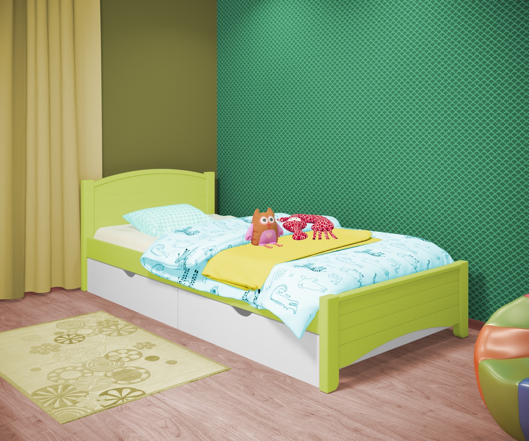 

Кровать односпальная RainbowDream Доминика 80х200 см зеленый массив ольхи, с ящиками