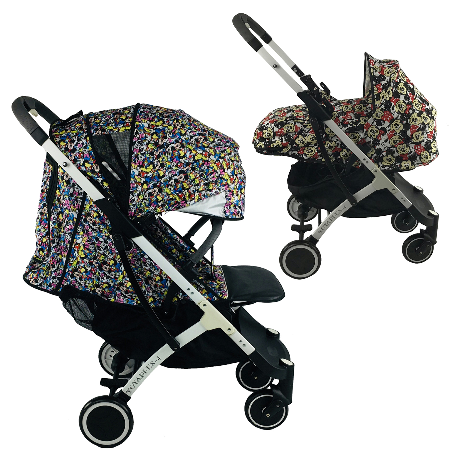 

Коляска Yoya Plus-4-2021 2в1 на молнии с Большим дождевиком и Зонтом черным Disney mix с люлькой дисней минни на белой раме