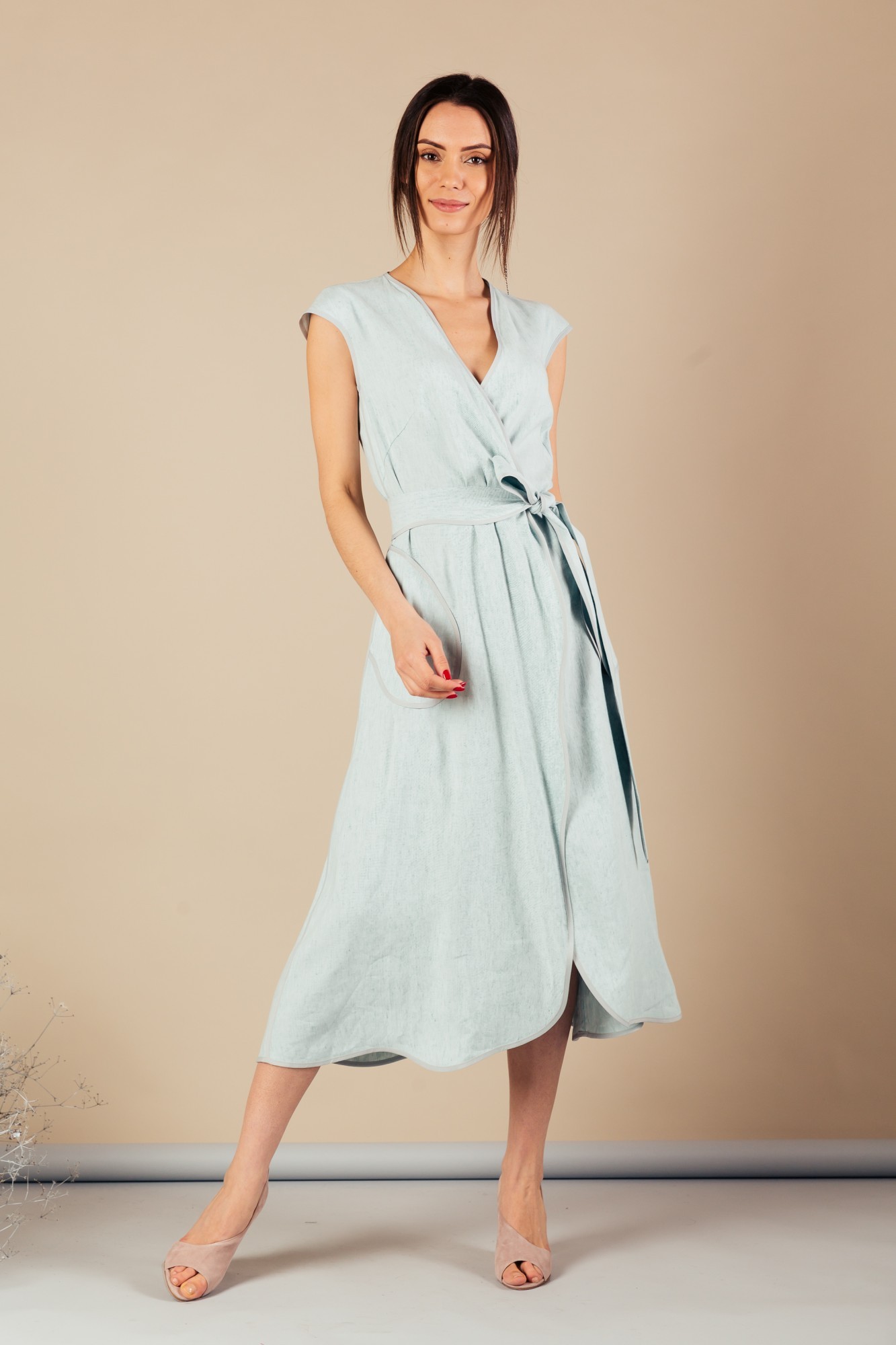 

Льняное платье на запах MOMOT S (44) ментоловое (074_linen dress)