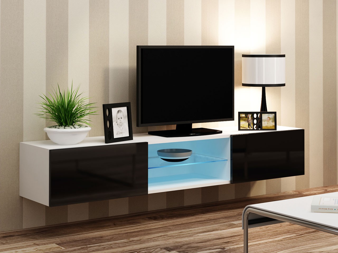 

Тумба под телевизор в гостиную из ламинированной ДСП и МДФ Vigo glass 180 Белый/Черный Сama Польша без подсветки