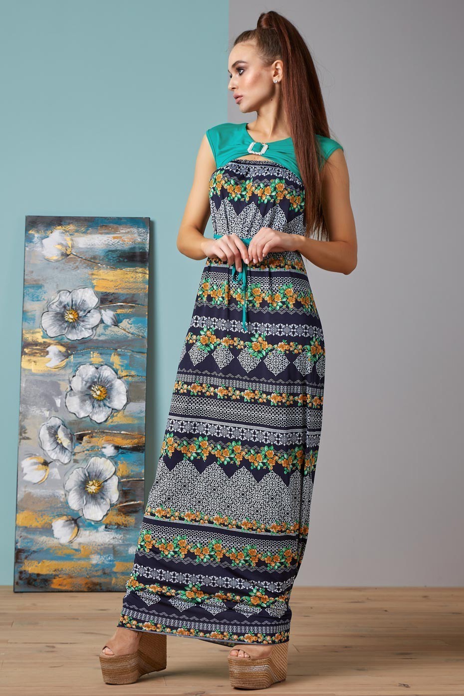 

Женское Seventeen платье из микромасла в пол с принтом и бирюзовым поясом цвет синий 44-46 (406.0928)