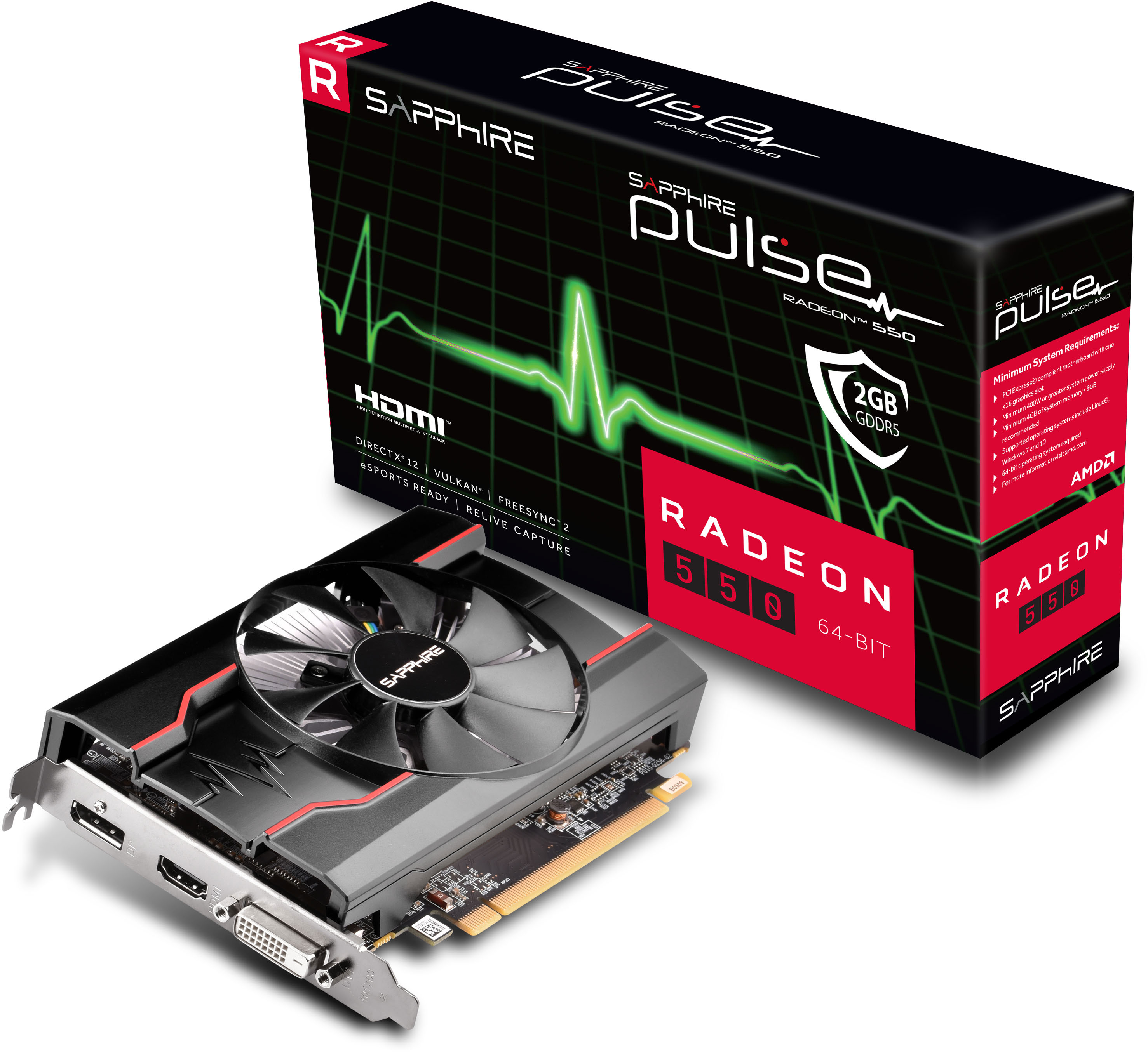 Видеокарта Sapphire PCI-Ex Radeon RX 550 Pulse 2GB GDDR5 (64bit)  (1206/6000) (DVI-D, HDMI, DisplayPort) (11268-21-20G) – фото, отзывы,  характеристики в интернет-магазине ROZETKA | Купить в Украине: Киеве,  Харькове, Днепре, Одессе, Запорожье, Львове