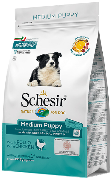 

Сухой монопротеиновый корм Schesir Medium Puppy для щенков средних пород с курицей 12 кг