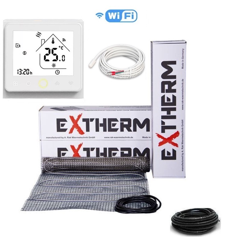 

Теплый пол EXTHERM нагревательный двухжильный мат под плитку ЕТ ЕСО 270 Ват 1.5 м² в комплекте с сенсорным WiFi терморегулятором