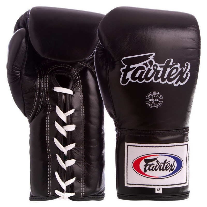 

Боксерские перчатки кожаные профессиональные FAIRTEX на шнуровке Натуральная кожа Черные (BGL6) 14 унций