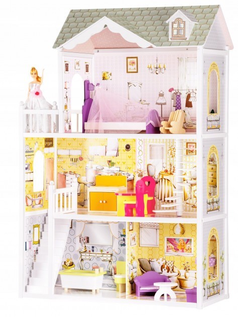 

Мега большой игровой Кукольный домик для Барби EcoToys 4108 Beverly 124 см деревянный 3 этажа + мебель 13 элементов + аксессуары + кукла в подарок Белый