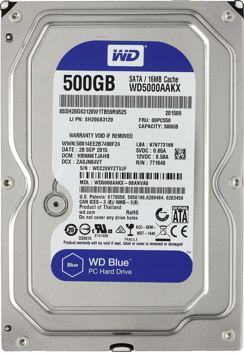 

Жесткий диск Western Digital Blue 3.5" 500ГБ 7200об/м 16МБ SATA III (WD5000AAKX)