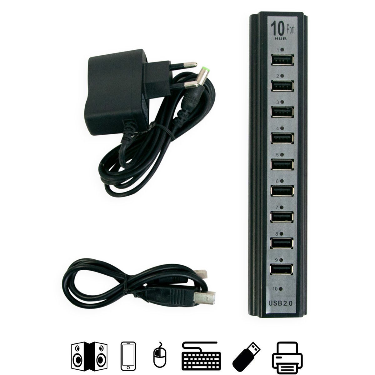 Розгалужувач USB 2.0 на 10 портів, Чорний концентратор юсб розгалужувач ...