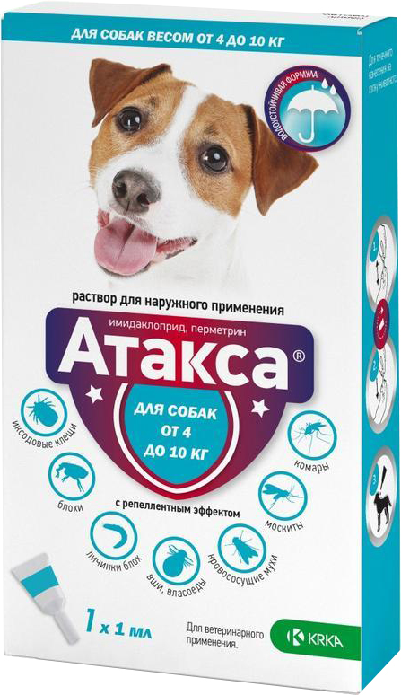 Капли от блох и клещей КРКА Атакса спот он 1 мл для собак весом 4 -10 ...