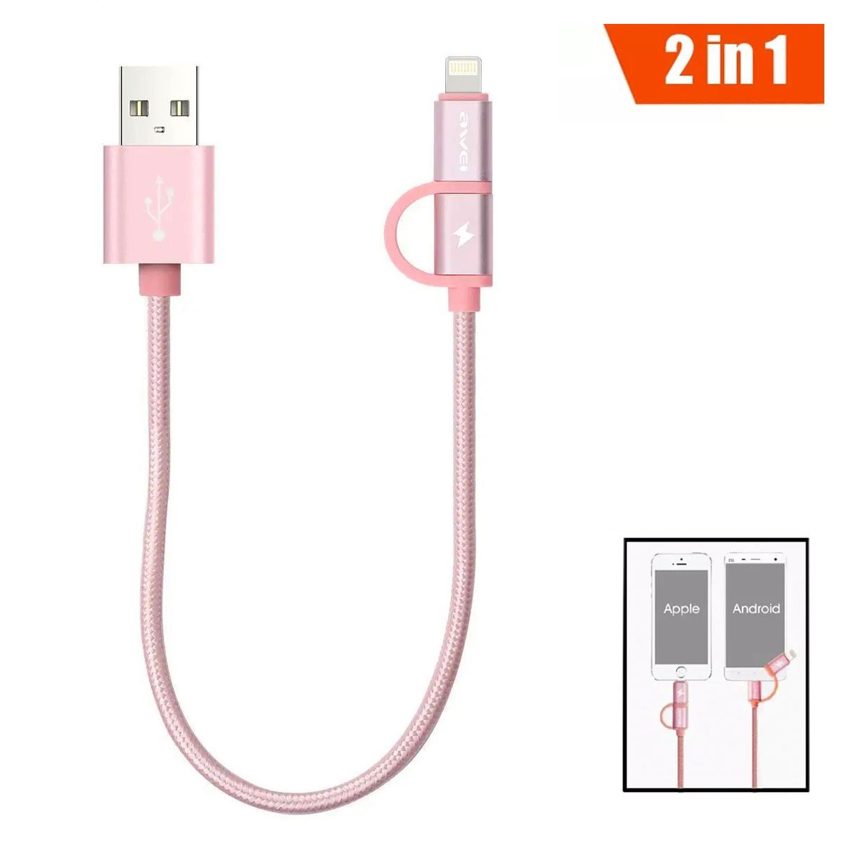 Кабель для зарядки телефона 2в1 "Awei CL-930C" Розовый, зарядный кабель ...