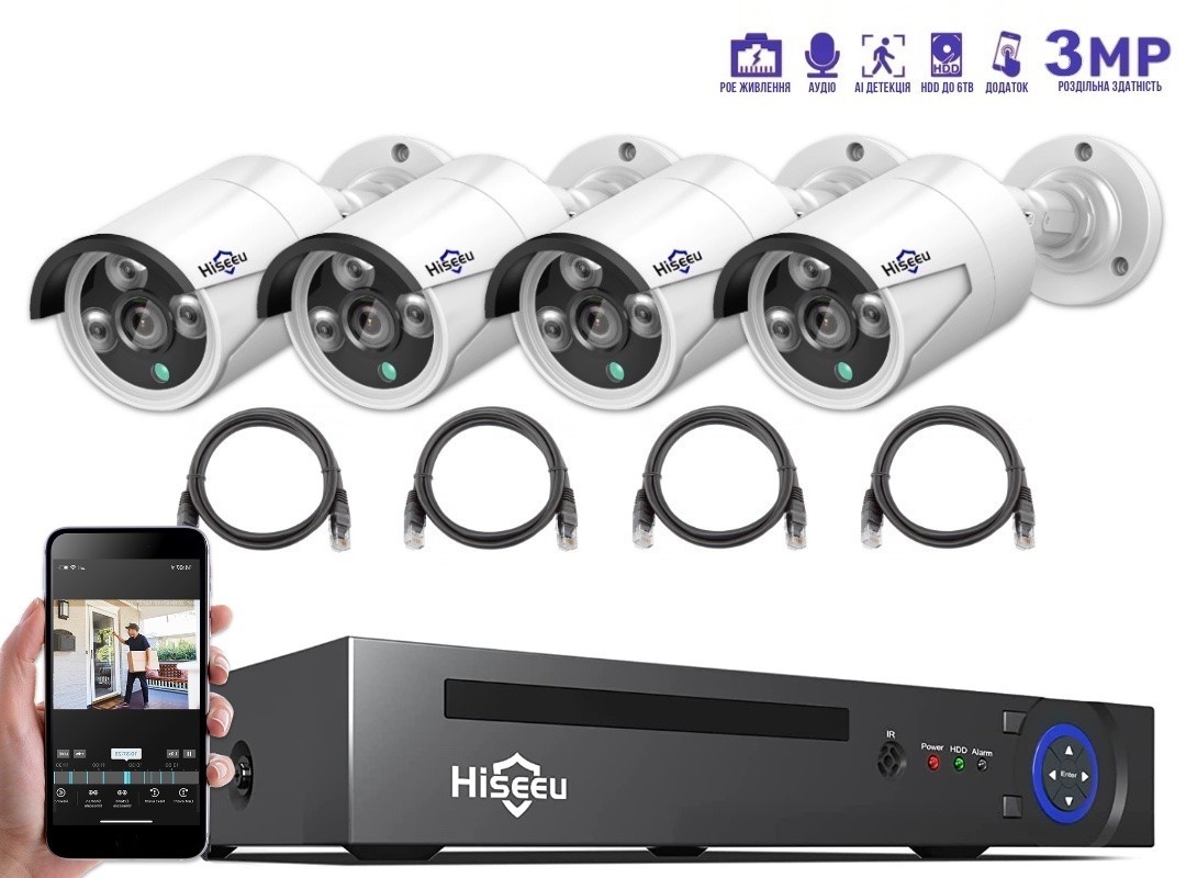 Комплект IP видеонаблюдения Hiseeu 3мп POE на 4 камеры + PoE ...
