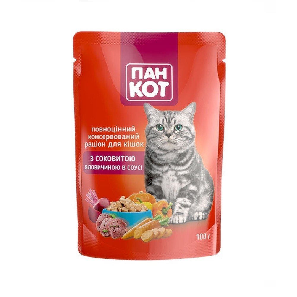 Вологий корм Пан Кот пауч соковита яловичина в соусі 100г для котів ...