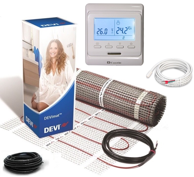 

Теплый пол DEVI двухжильный мат DTIR-150 5 м2 в комплекте с программируемым терморегулятором и датчиком температуры пола
