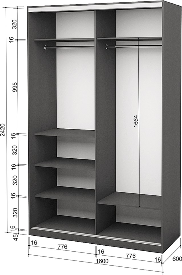 

Шкаф-купе двухдверный Roko 160х242х60 см Зеркало Серый