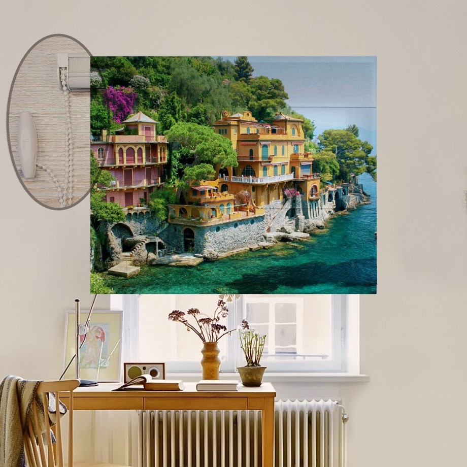 

Римская штора система Lux Coullise InHt Фотопечать Город у моря 00-106 Джуси Велюр 240х170 см