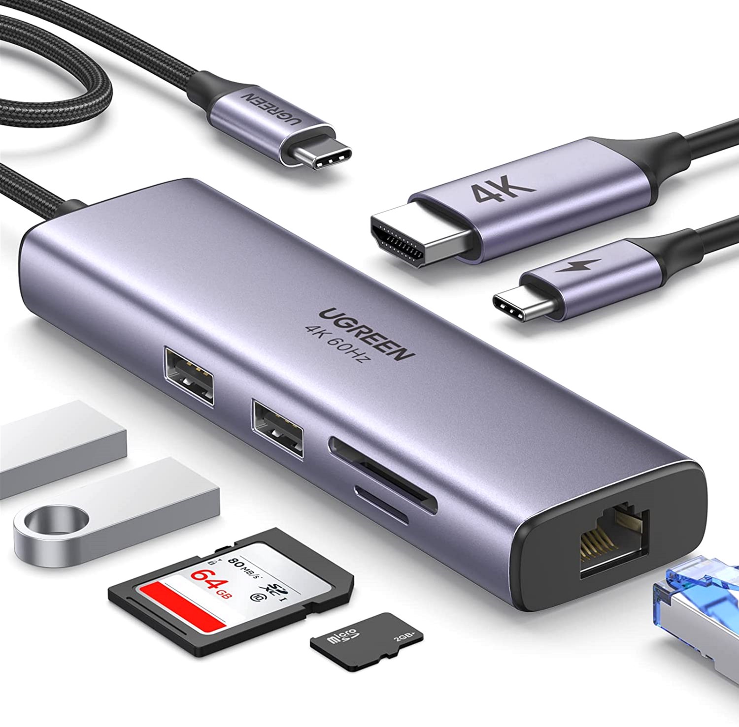 USB-хаб Ugreen CM512 USB Type-C to 2xUSB3.0+HDMI+RJ45+SD&TF +PD Port ...