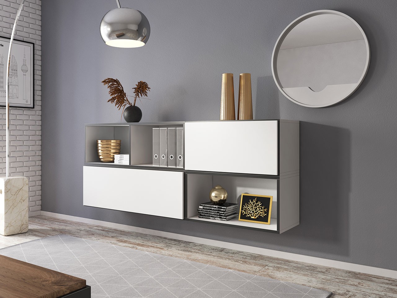 

Гостиная стенка комплект из ламинированной ДСП Roco 16 Белый с черной окантовкой Сama Польша без подсветки