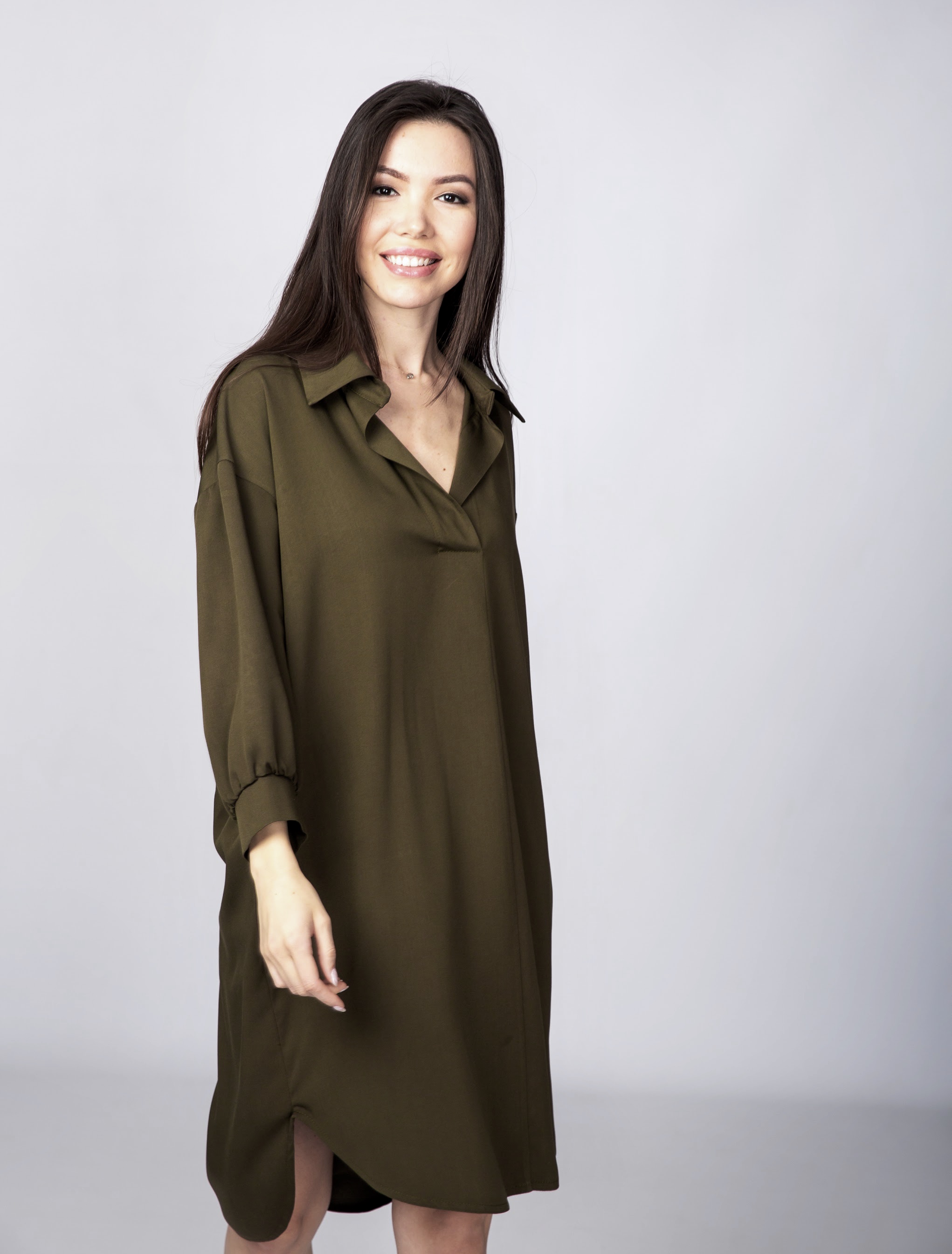 

Платье рубашка с поясом MON VOL One Size S-M хаки 0597
