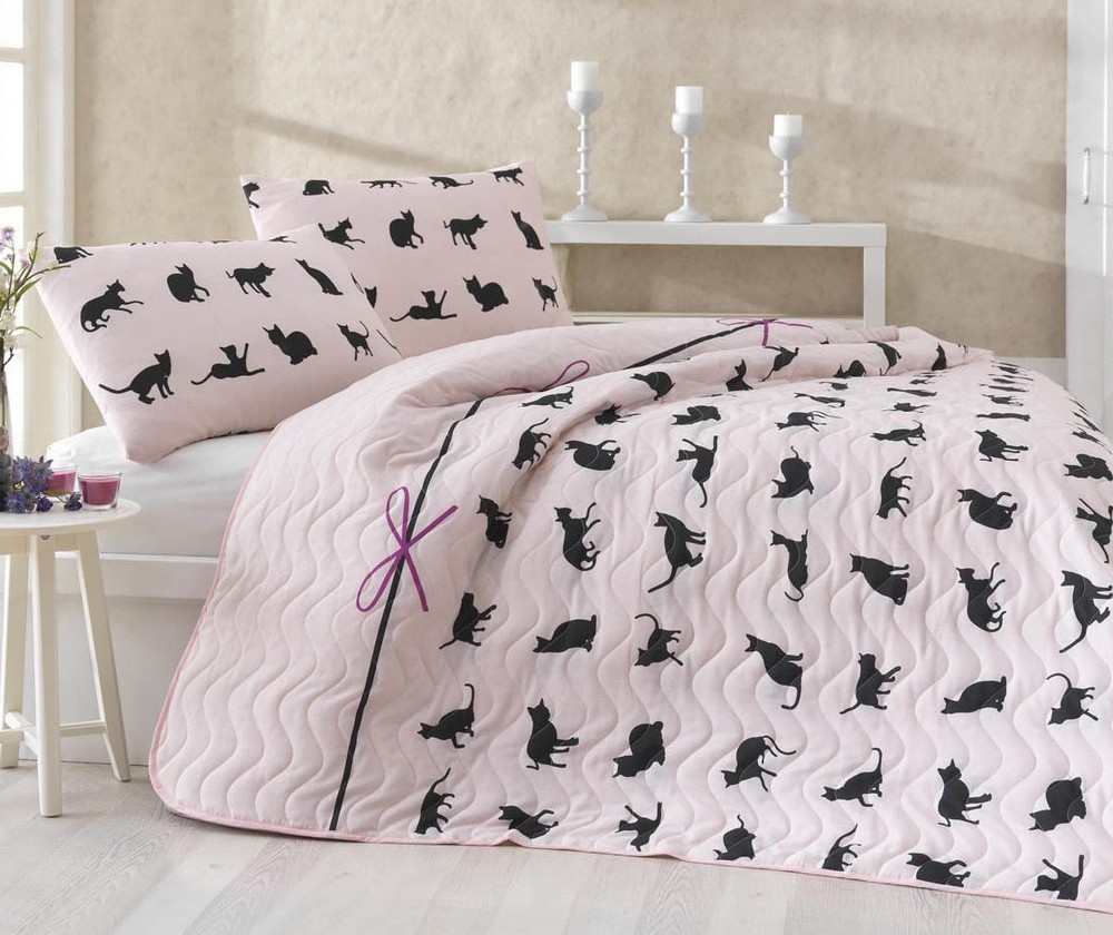 

Покрывало стеганое Eponj Home Cats Pudra 160х220 с наволочкой 50х70