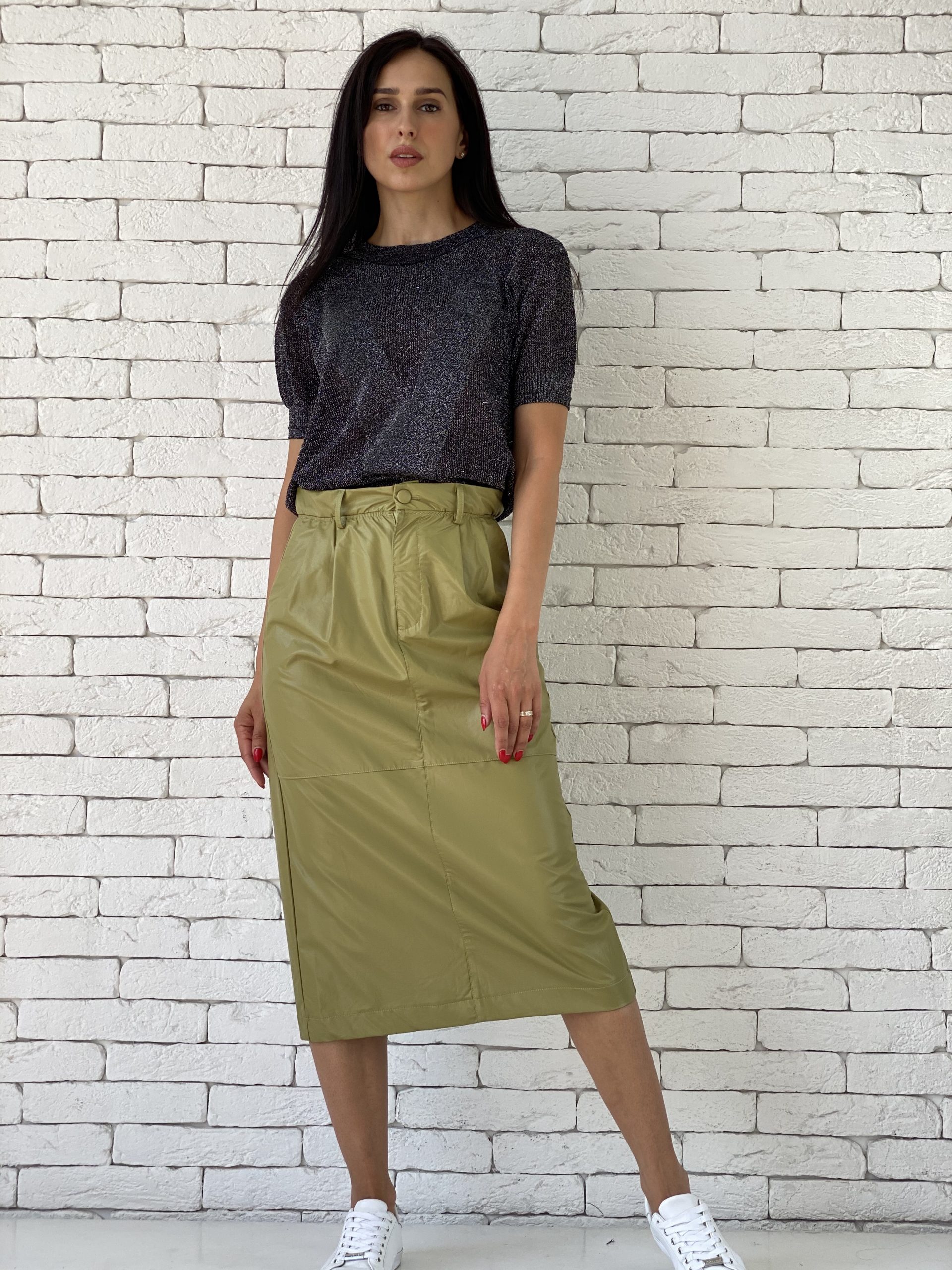 

Юбка из экокожи NORMCORE  миди хаки, Юбка из экокожи NORMCORE S миди хаки