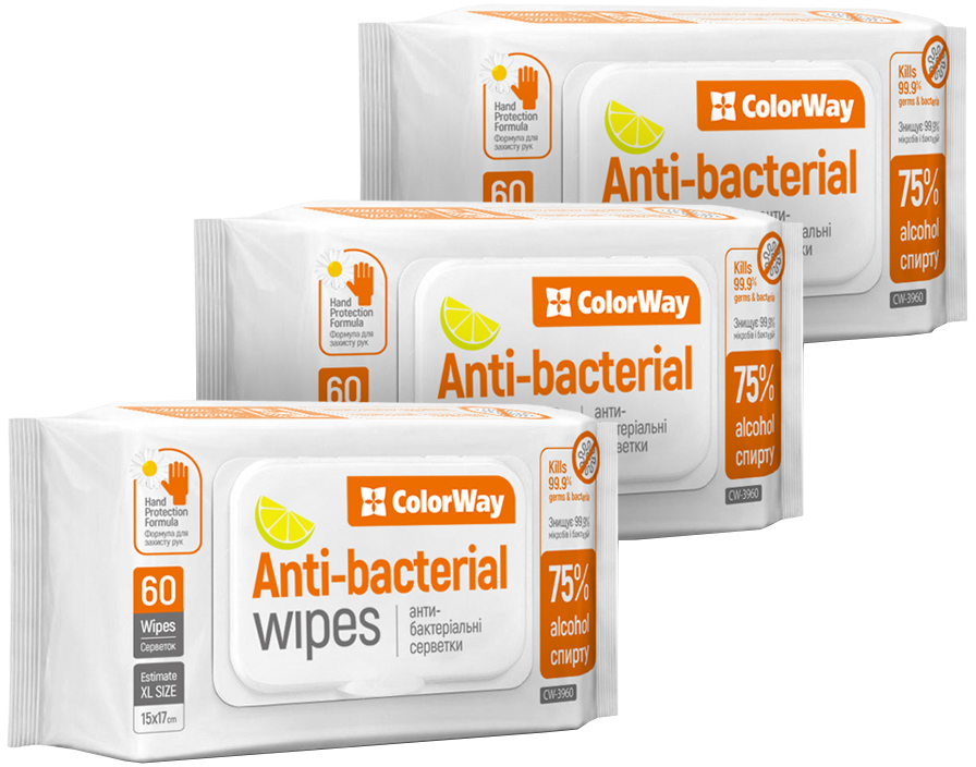 Акція на Спиртовые антибактериальные салфетки ColorWay для дезинфекции 15x17 см 3 упаковки по 60 шт (CW-3963) від Rozetka UA