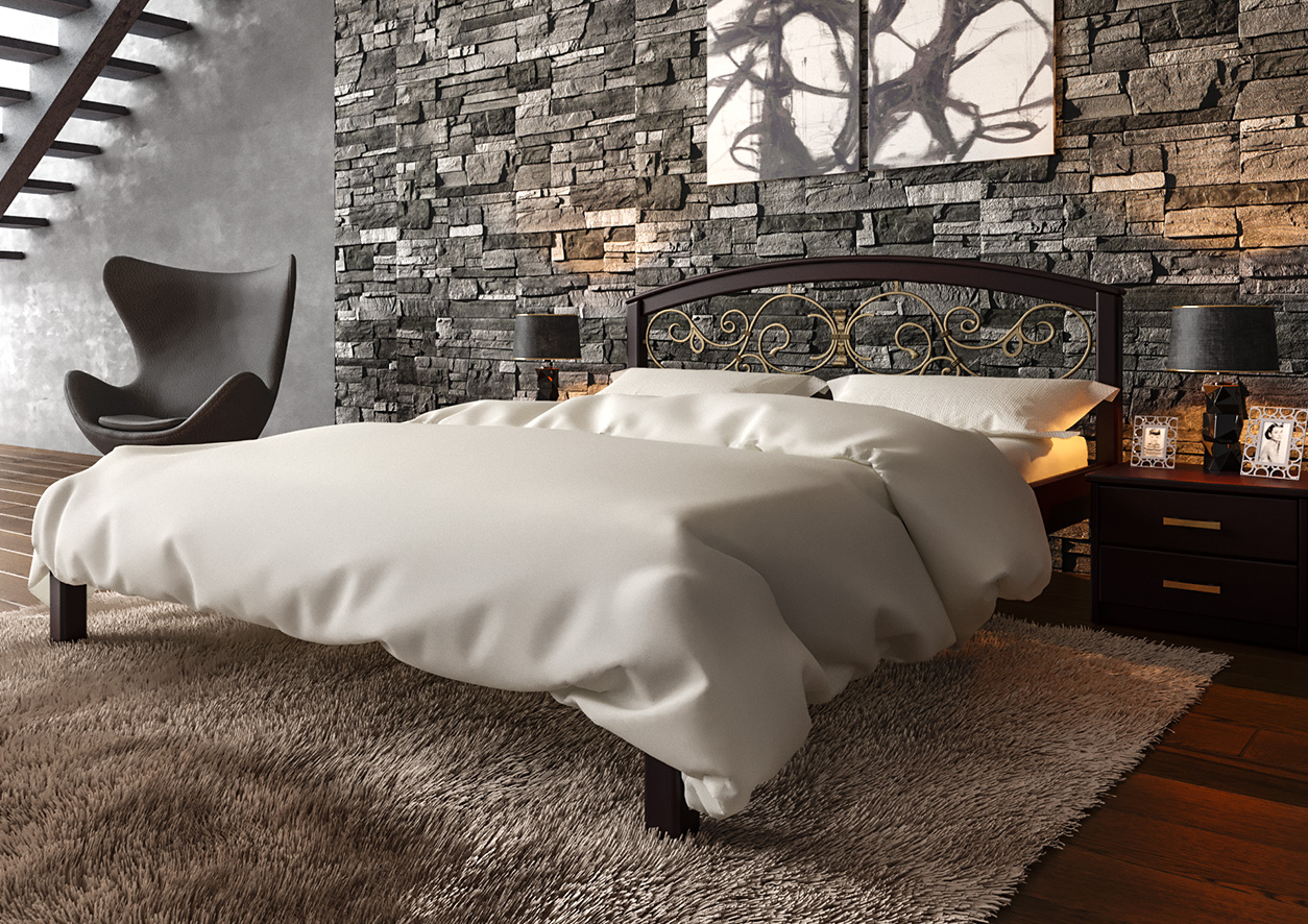 

Кровать двуспальная деревянная Британия Ковка из ольхи в спальню 160х200 ЧДК цвет Махонь