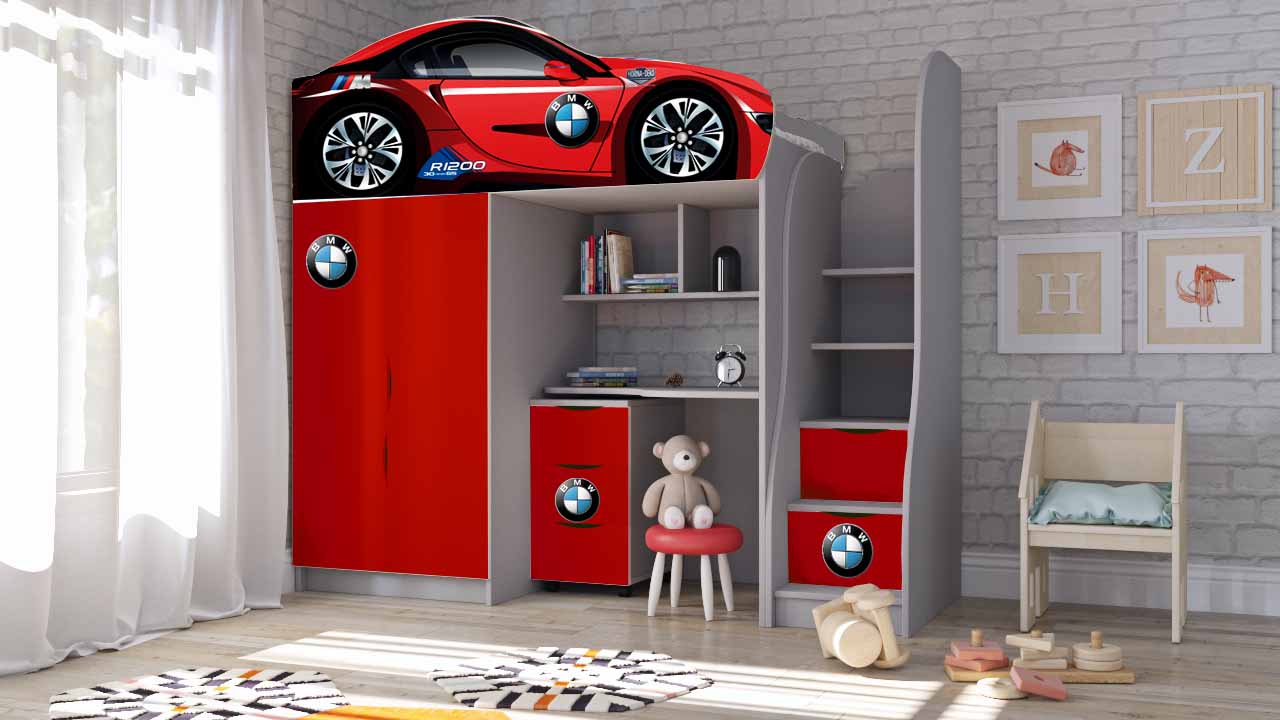 

Кровать-комната № 1 BR B-3 с тумбой-комодом 80х170 из ДСП красный Viorina-Deko