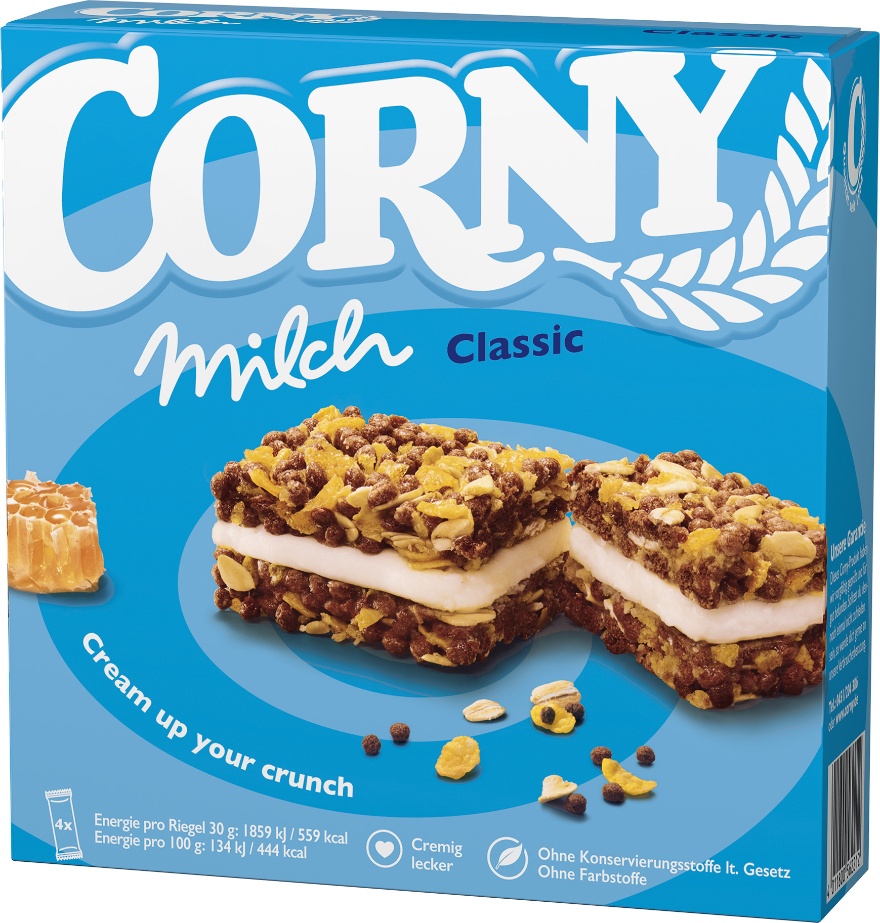 Упаковка злакових батончиків Corny з молочно-кремовою начинкою 30 г х 4 ...