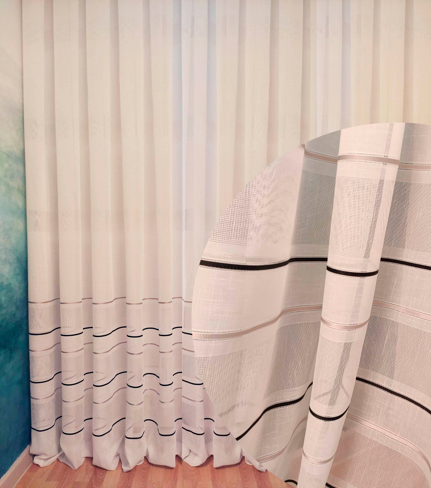 

Тюль Декор-Ин Лен Скарлайн с мережкой и атласной полосой Бело-серый с черным 285х400 (Vi 100834)