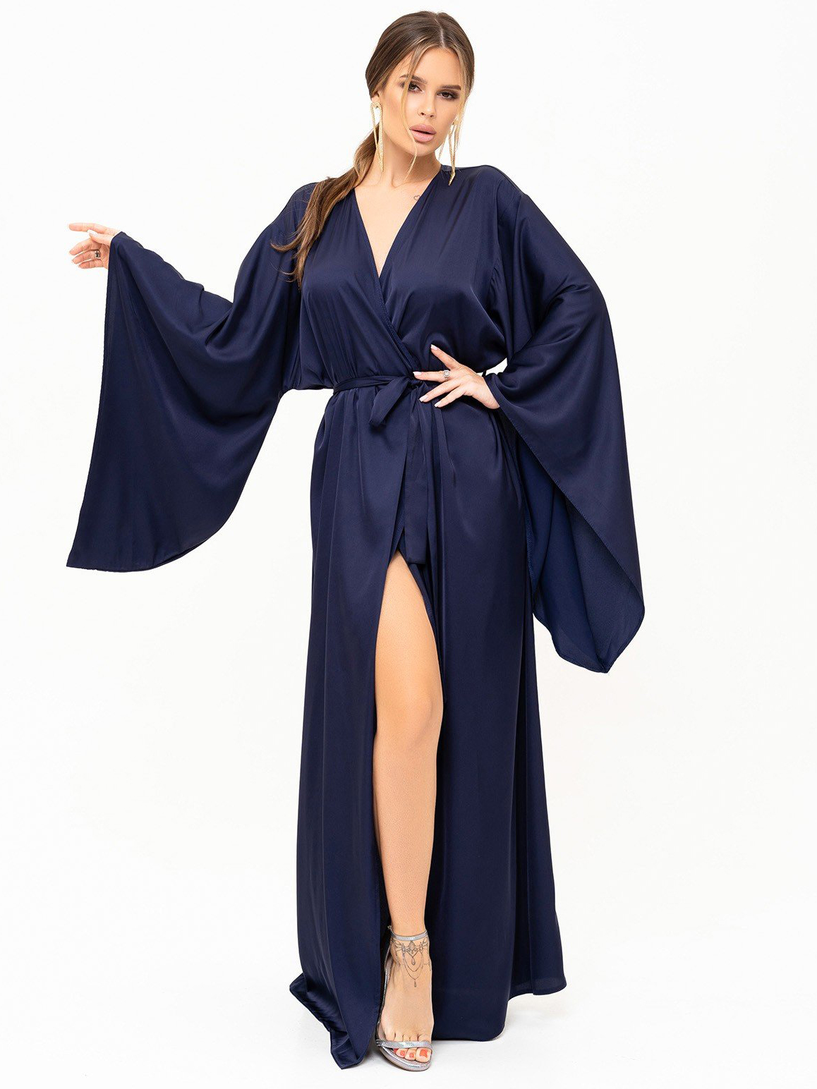 Акція на Сукня на запах довга літня жіноча ISSA PLUS 13903 M Темно-синя від Rozetka