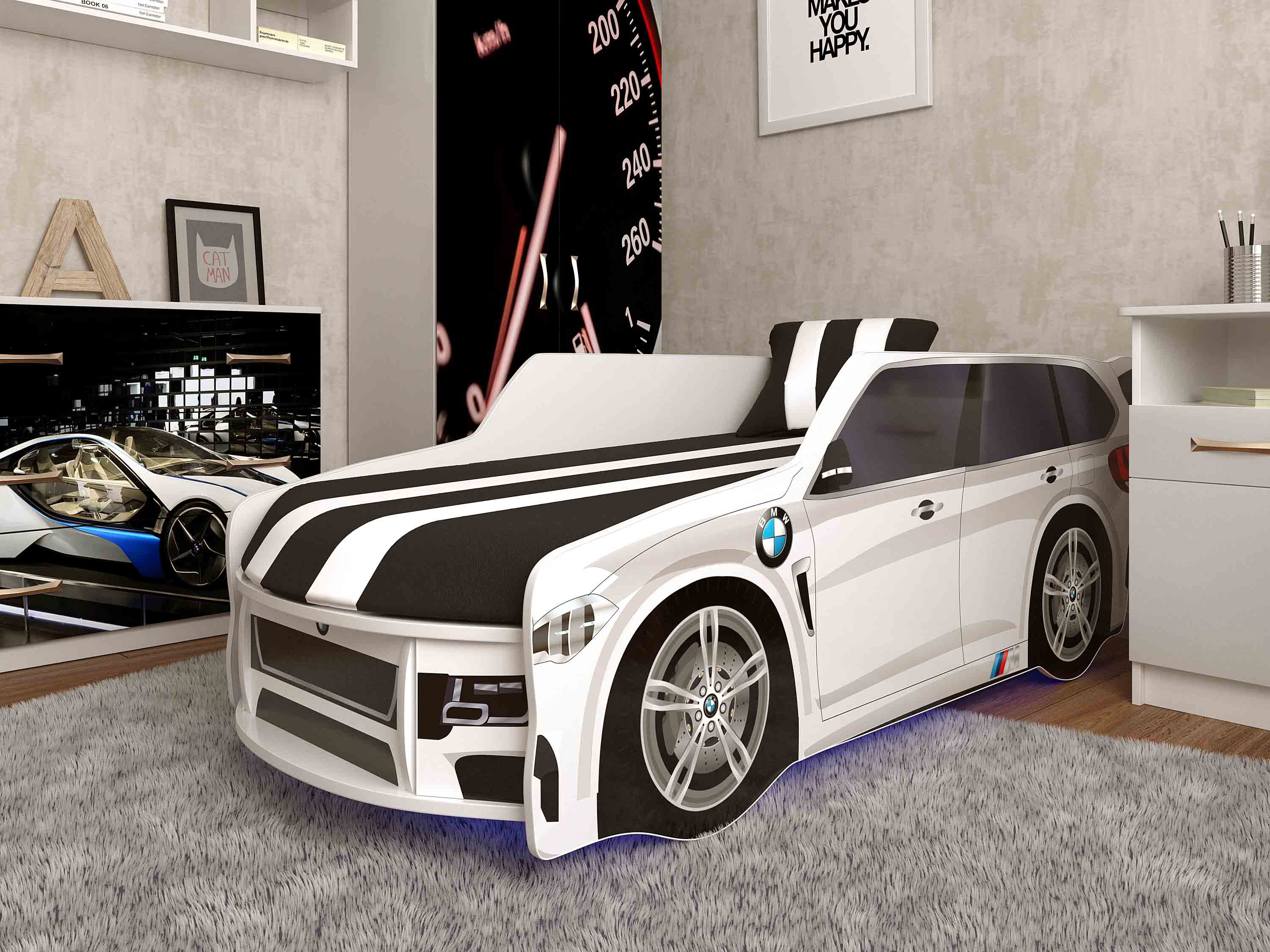 

Кровать-машинка с подсветкой и подъемным механизмом+матрас Viorina-Deko Premium BMW Р002 Белый с черным 80х180 см
