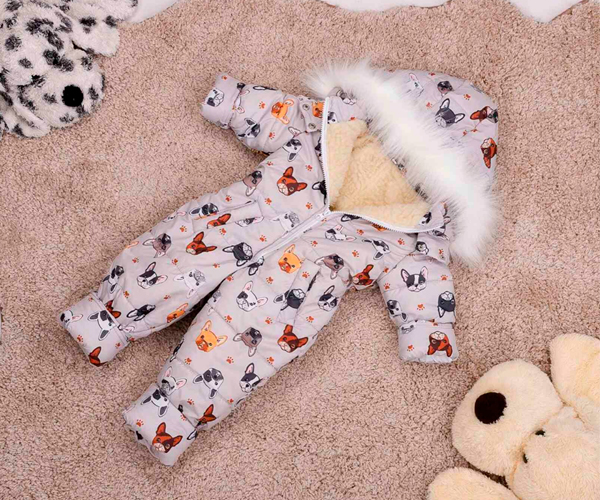 

Детский зимний комбинезон с исскуственной опушкой серый с собачками 80-86 см