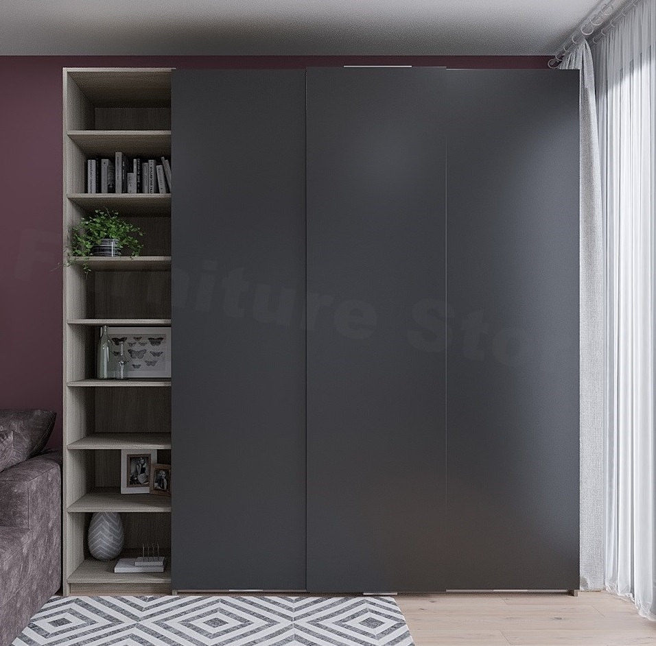 

Шкаф-купе MebelLoft 228х55х233 см со скрытой навесной системой и открытыми полками 3-дв. Антрацит+Светлое дерево 2313-01
