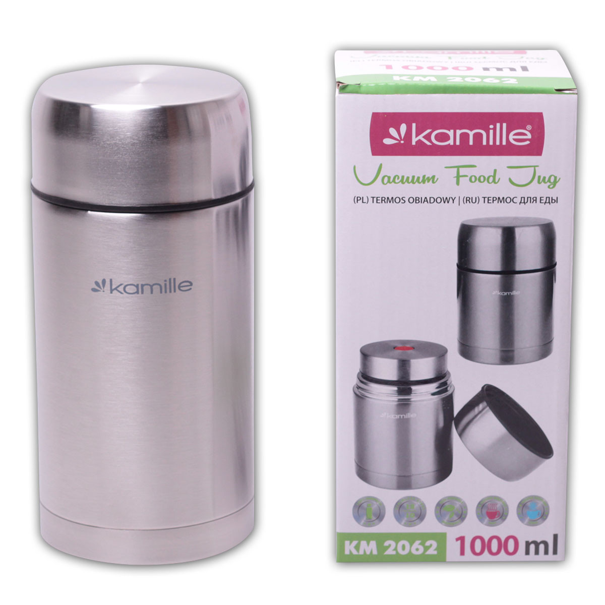 

Термос пищевой Kamille 1000 мл Ø10*22 см из нержавеющей стали