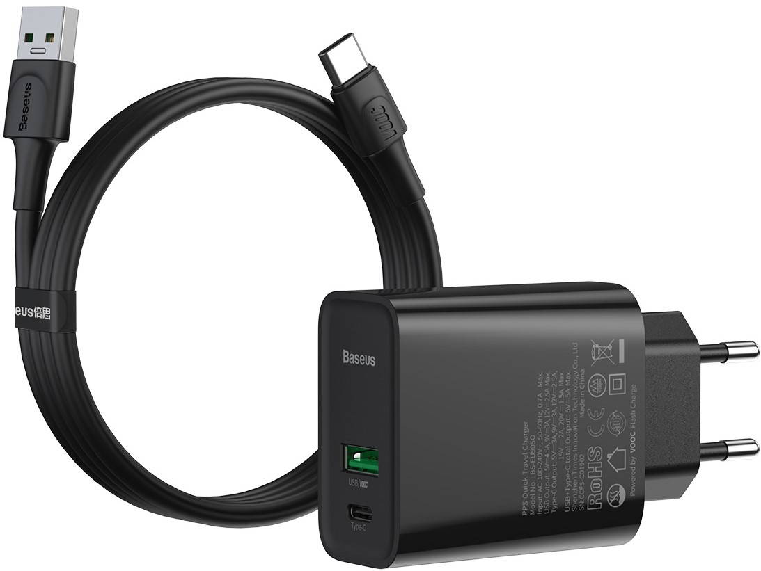 

Сетевое зарядное устройство Baseus Speed PPS QC3.0+PD3.0 30W VOOC USB+Type-C 5A + Кабель VOOC Type-C to Type-C 5A 1м Черный