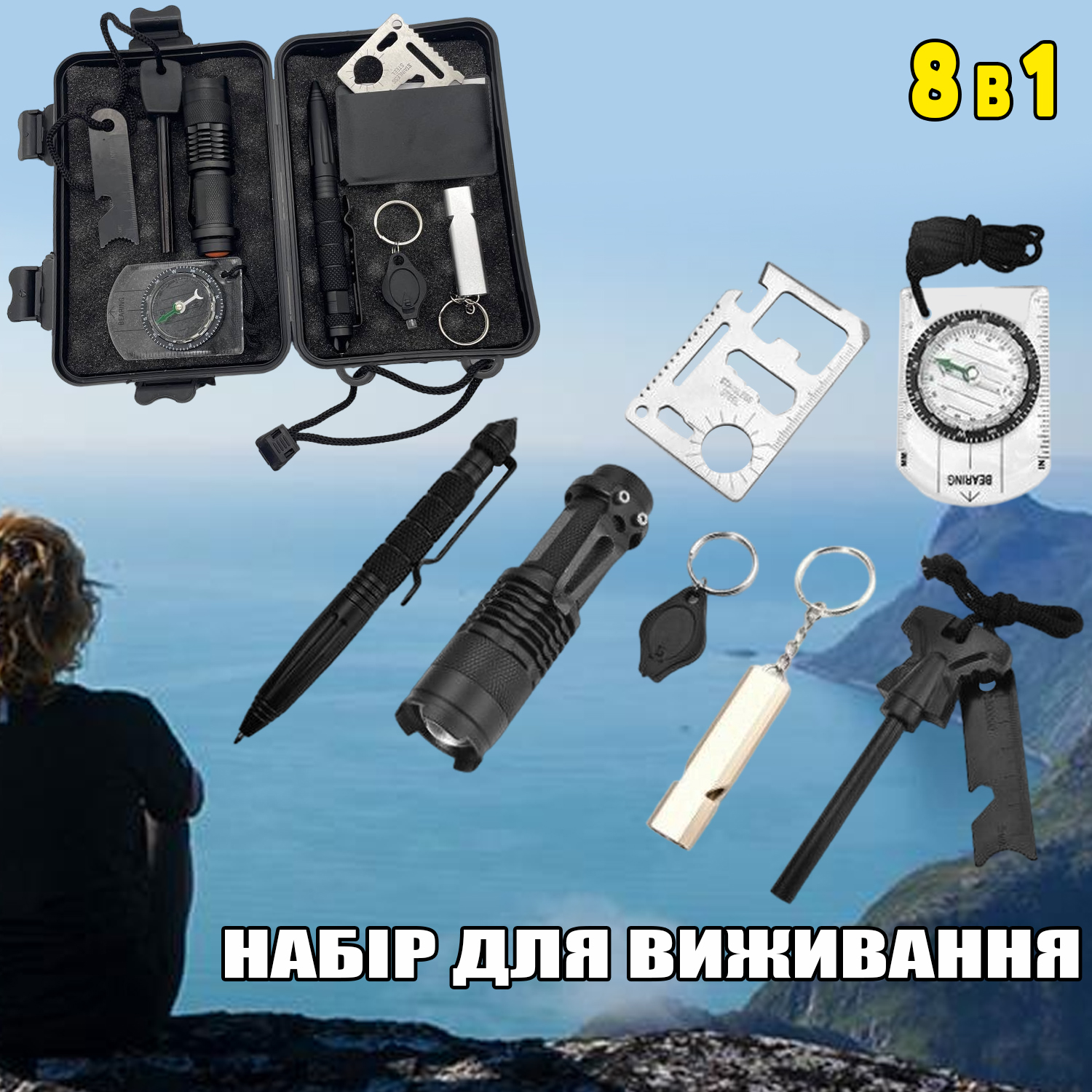 Походный набор для выживания в лесу Emakи 8 инструментов в герметичном ...