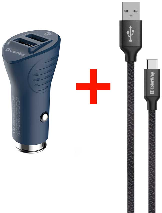 

Автомобильное зарядное устройство ColorWay 2USB Quick Charge 3.0 (36W) Blue + Кабель ColorWay USB Type-C 2.1А 1 м Black (CW-CHA011Q-BL-CBU)
