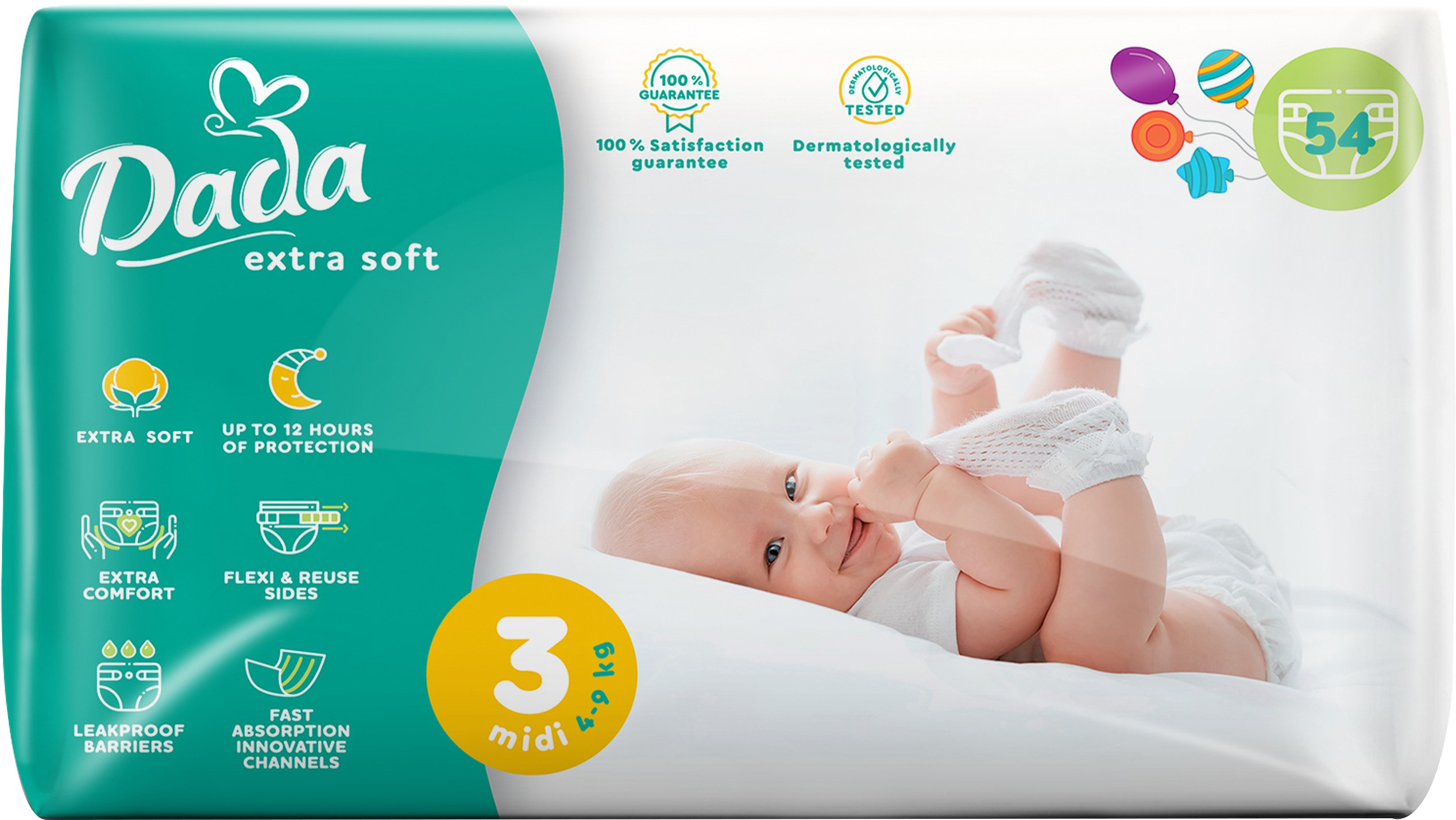 

Подгузники для детей Dada Extra Soft 3 4-9 кг 54 шт (4823071646443_4820174980832)