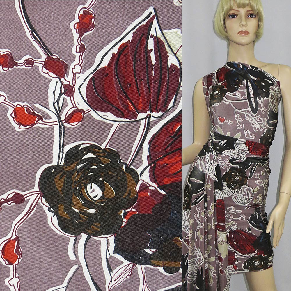 Трикотаж віскозний стрейч сіро-бузковий з червоними квітами ш.125 ...