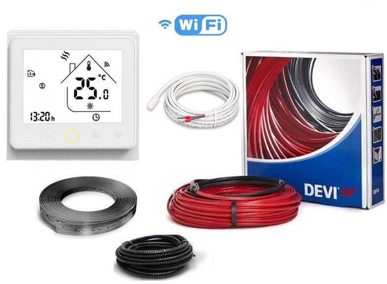 

Теплый пол DEVIflexTM 18T двухжильный нагревательный кабель в стяжку 170 м, 3050 Вт c программируемым сенсорным WiFi терморегулятором в комплекте