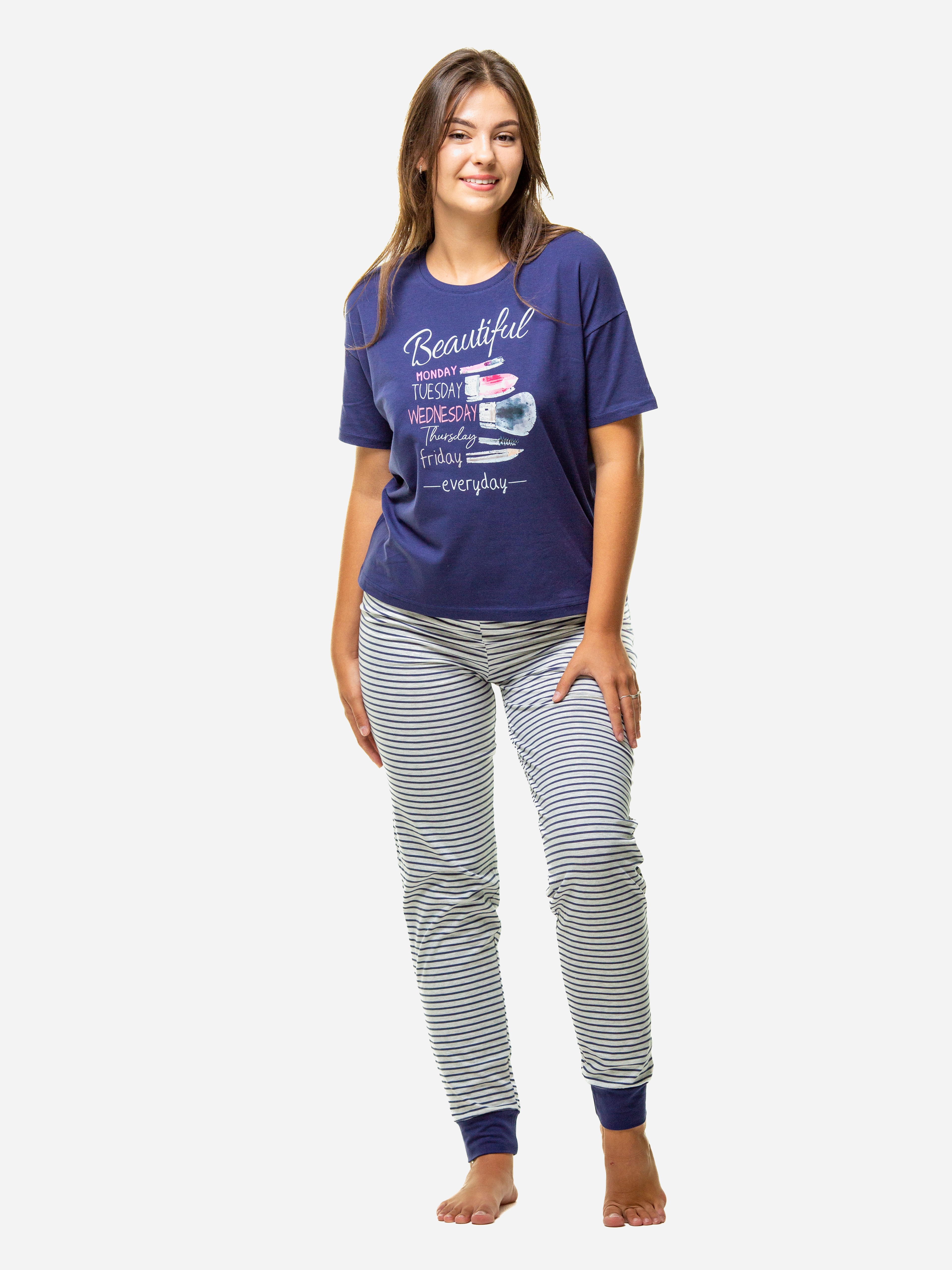 Акція на Піжама (футболка + штани) жіноча НатаЛюкс 41263393830 46 Темно-синя від Rozetka