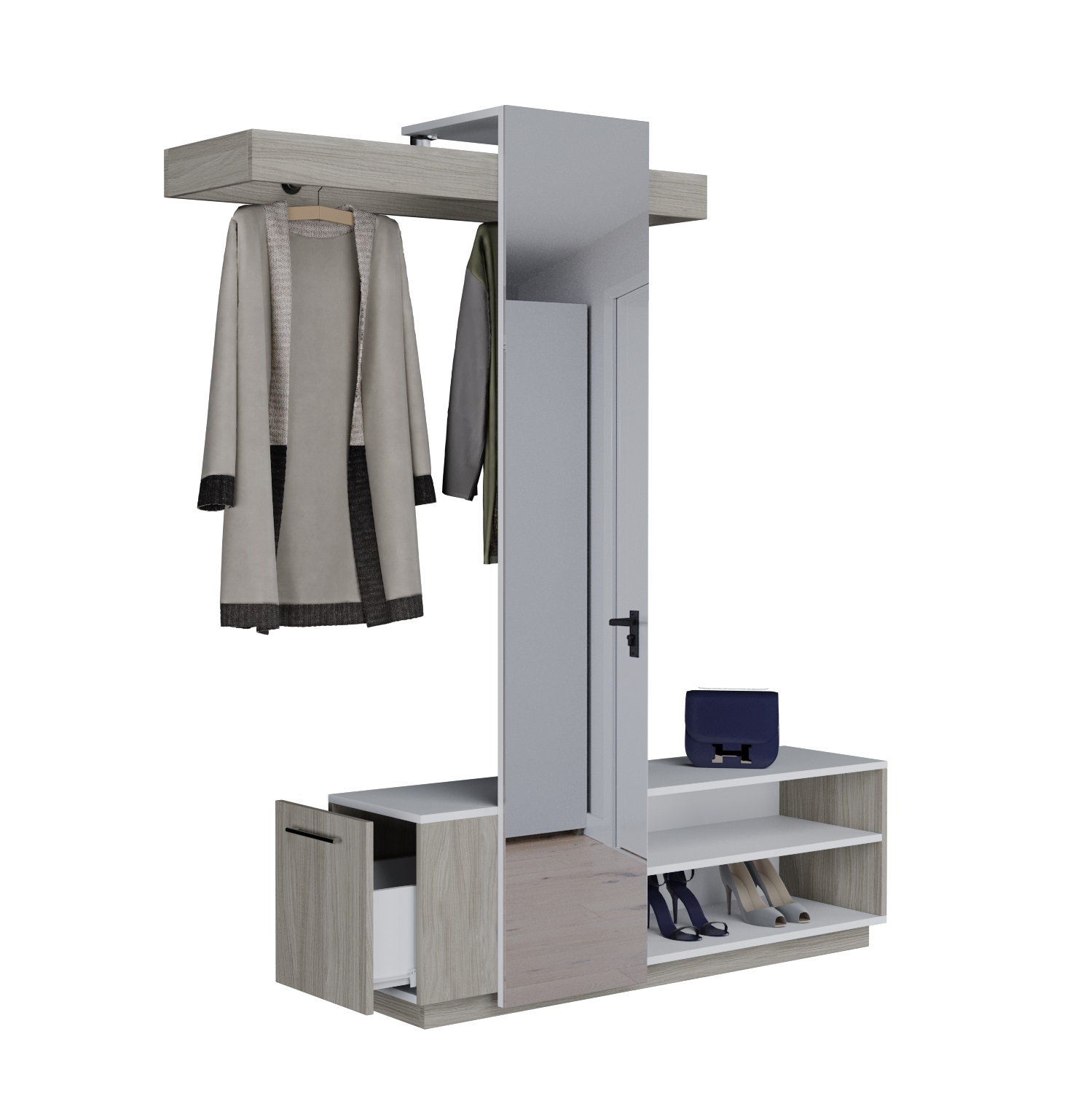 

Прихожая с зеркалом, ящиком и полками MebelLoft 180х40х195 см Белый+Светлое дерево арт.2402-03
