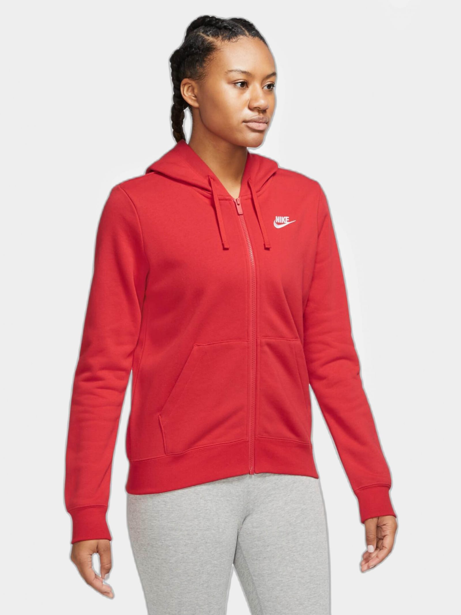 Акція на Толстовка на блискавці жіноча утеплена Nike Club Fleece Full-Zip Hoodie DQ5471-657 XS Tall University Red/White від Rozetka