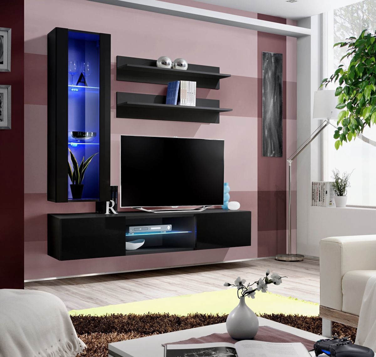 

Гостиная комплект стенка из ДСП и МДФ и стекла Fly S2 ASM Meble Черный