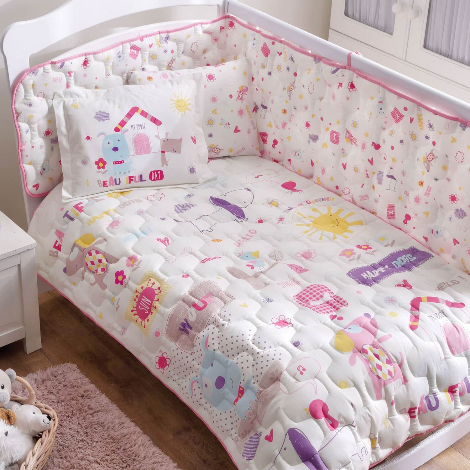 

Набор в кроватку с бортиками и одеялом TAC Happy Dogs Pink (6 предметов)