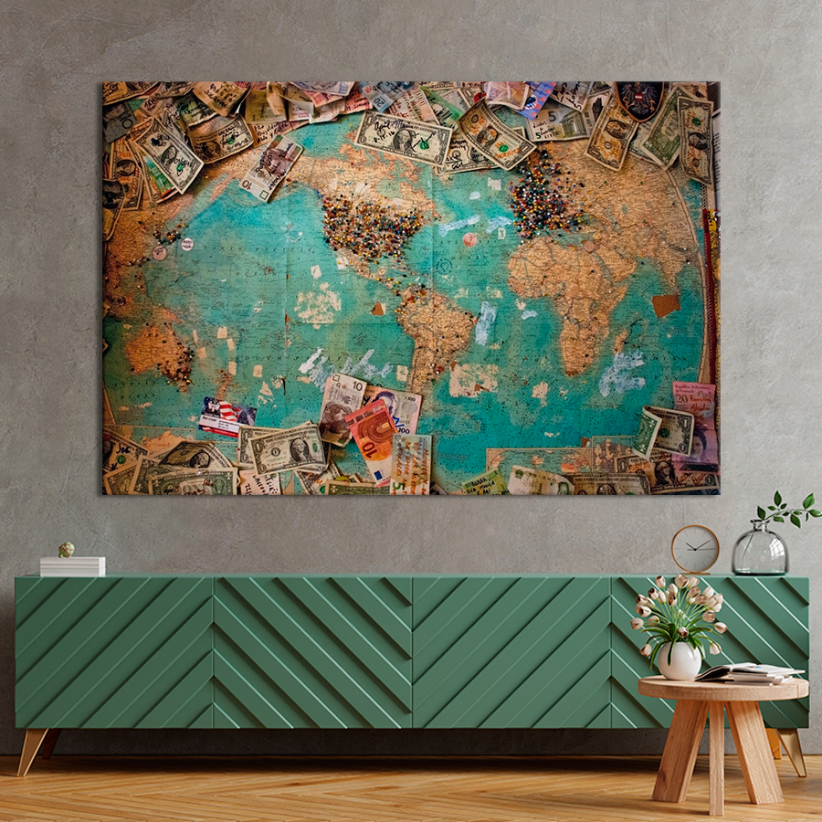 Картина карта картина в спальню офис Доллары на карте мира 51x34 см ...