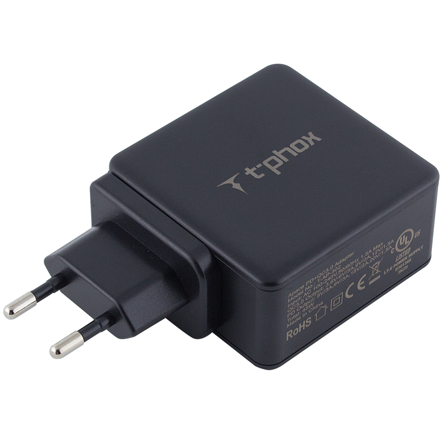 

СЗУ PD адаптер T-phox (48W: PD 30W + USB QuickCharge QC 3.0 18W) Черный