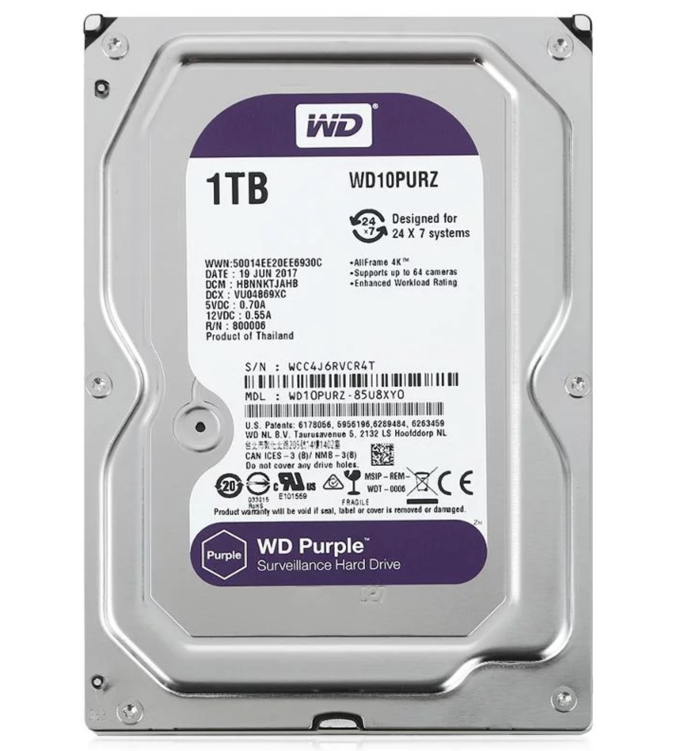 

Жесткий диск Western Digital 1ТБ 3.5'' 5400об/мин 64МБ SATAIII Purple (WD10PURZ) New